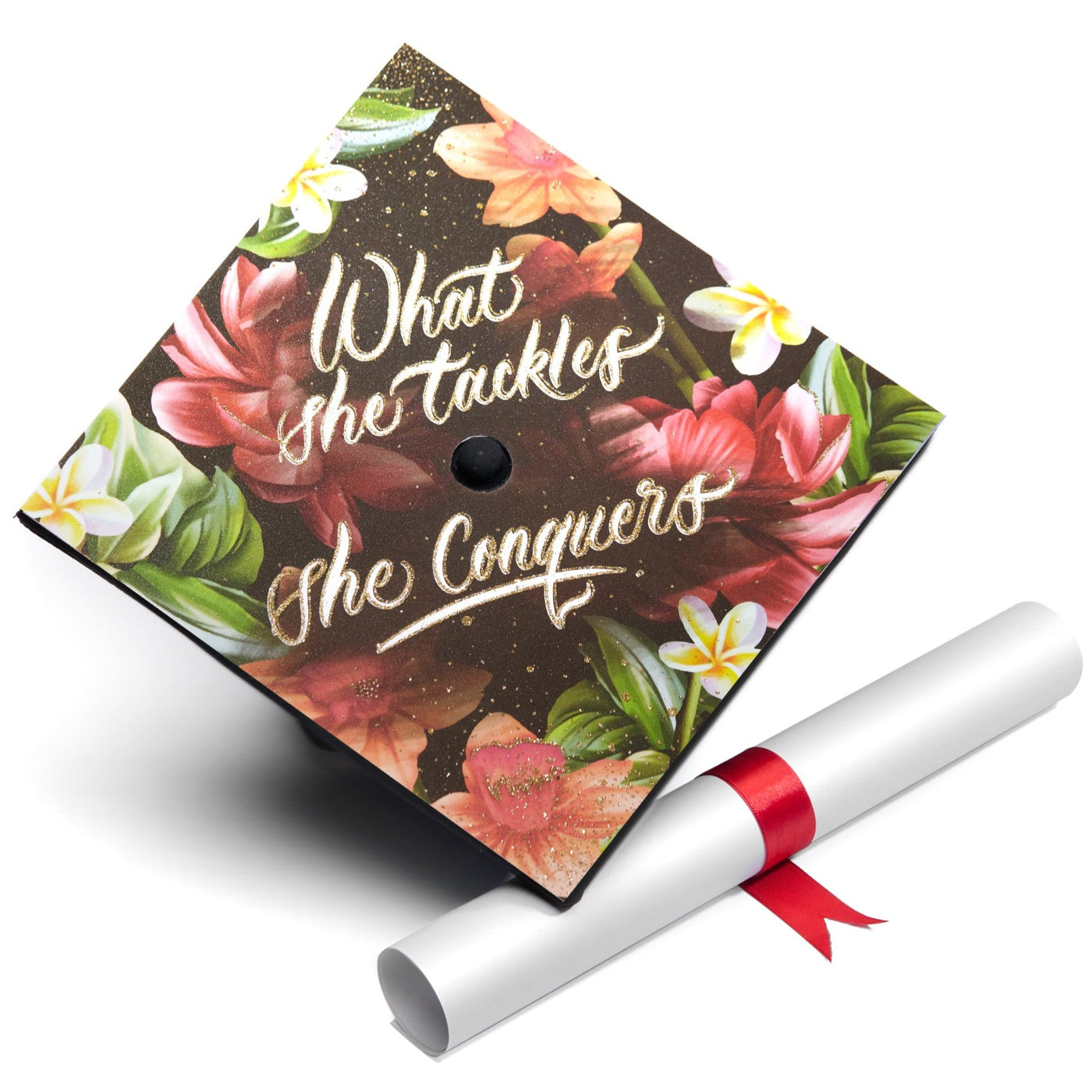 Graduation cap topper, What she tackles she conquers, Graduation Cap Decoration