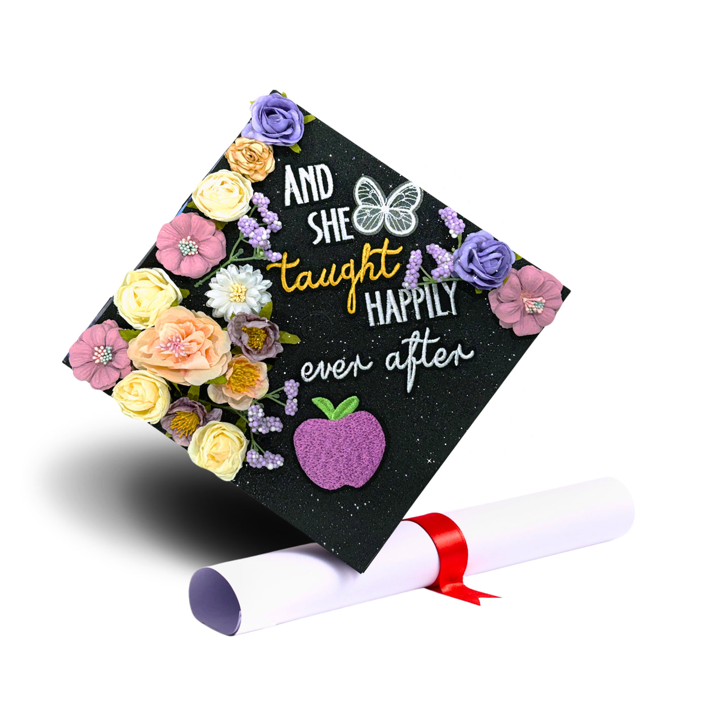 Butterfly Graduation Cap Topper, And She Taught Happily Ever After, Graduation Cap Decorations