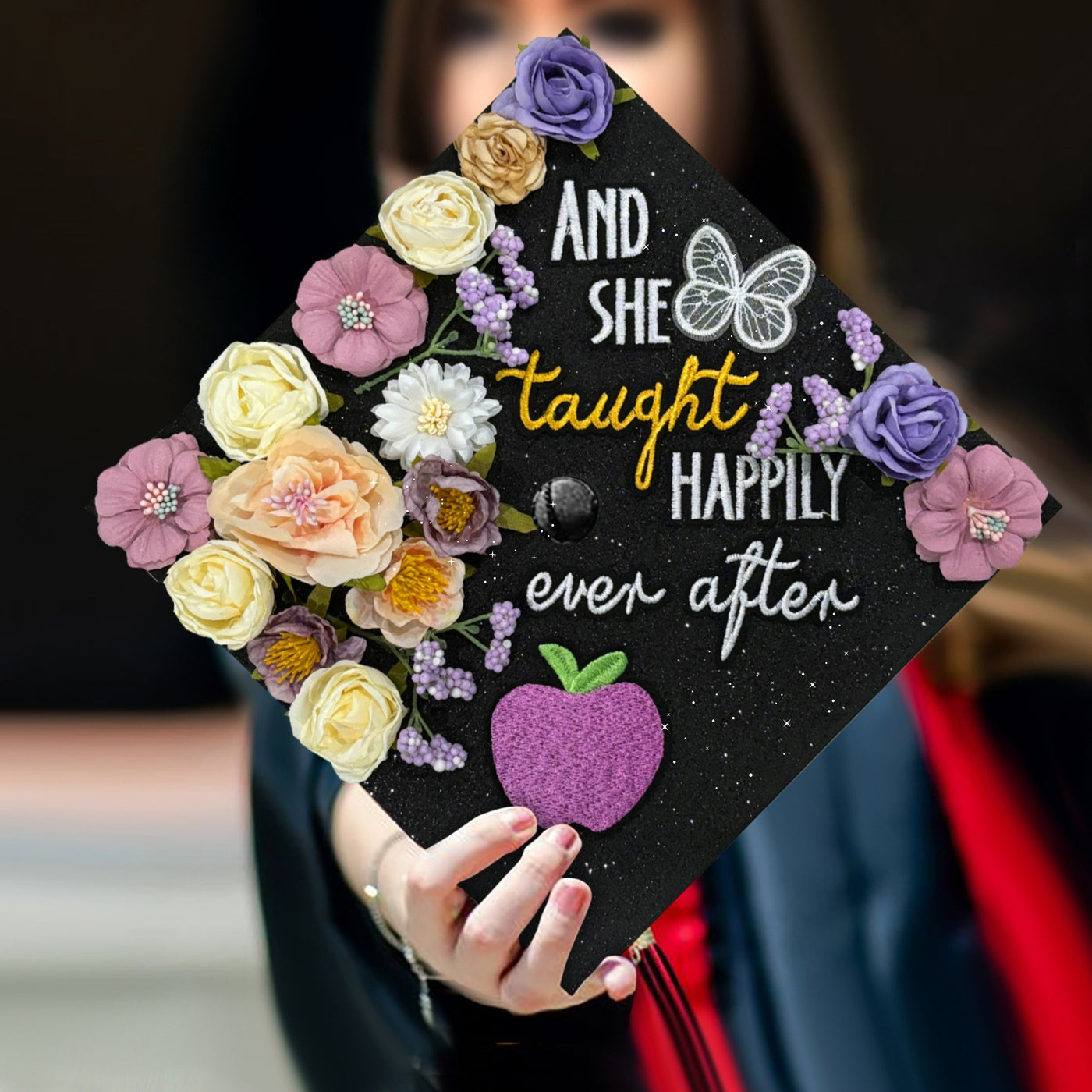 Butterfly Graduation Cap Topper, And She Taught Happily Ever After, Graduation Cap Decorations