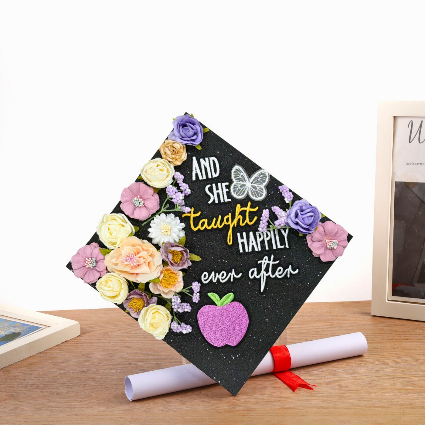 Butterfly Graduation Cap Topper, And She Taught Happily Ever After, Graduation Cap Decorations