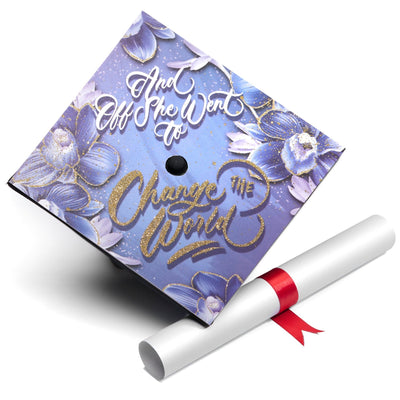 Graduation cap topper, And off she went to change the world, Graduation Cap Decoration