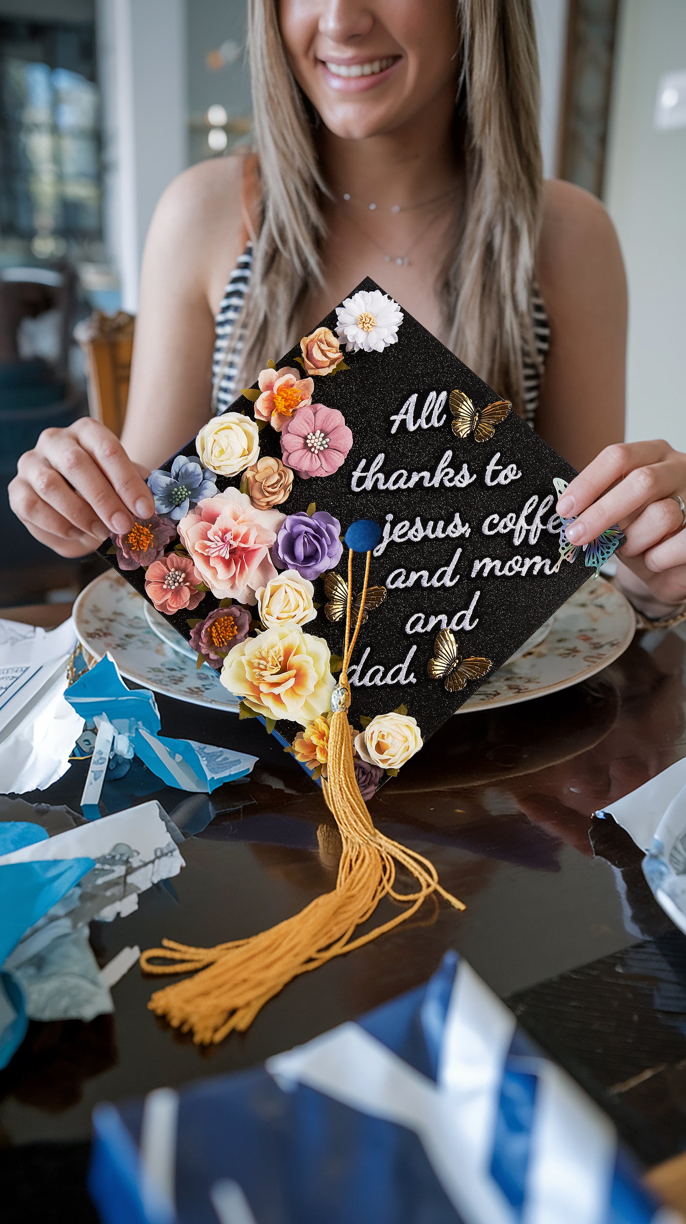 Butterfly Graduation Cap Topper, All Thanks To Jesus Coffee and Mom and Dad, Grad Cap Decoration