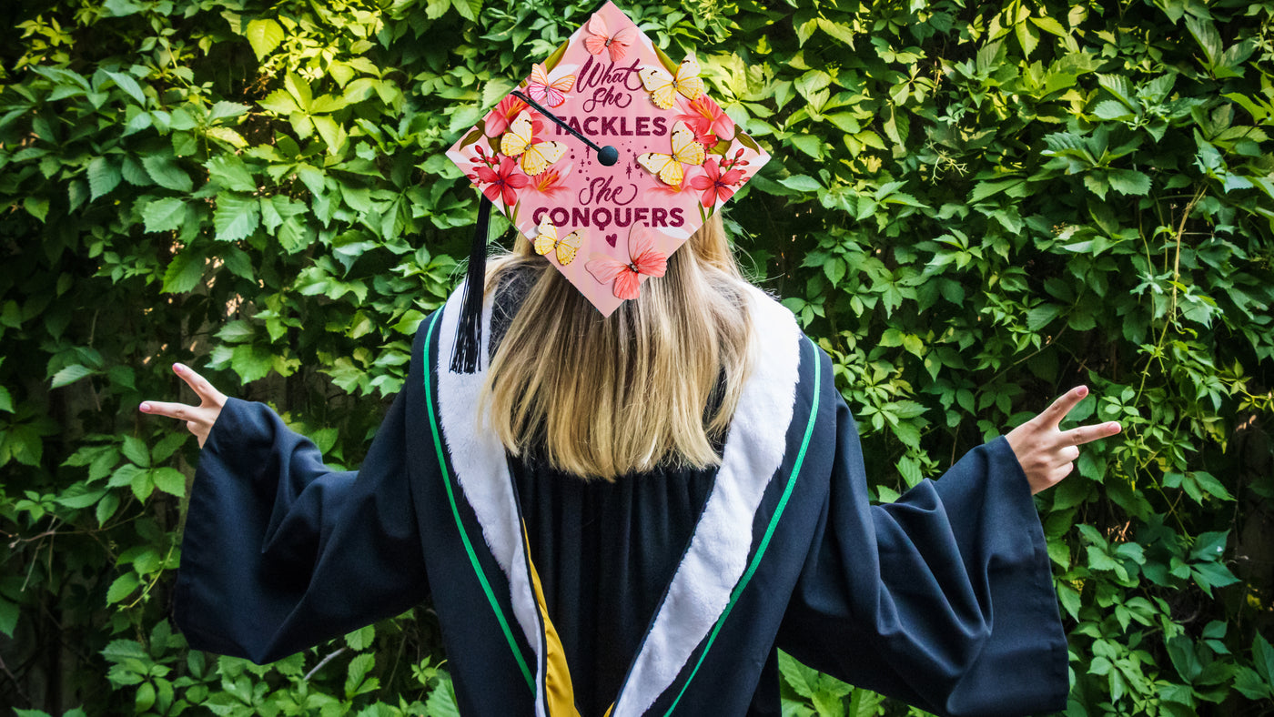 Butterfly Graduation Cap Topper, What She Tackles She Conquers, Graduation Cap Decorations