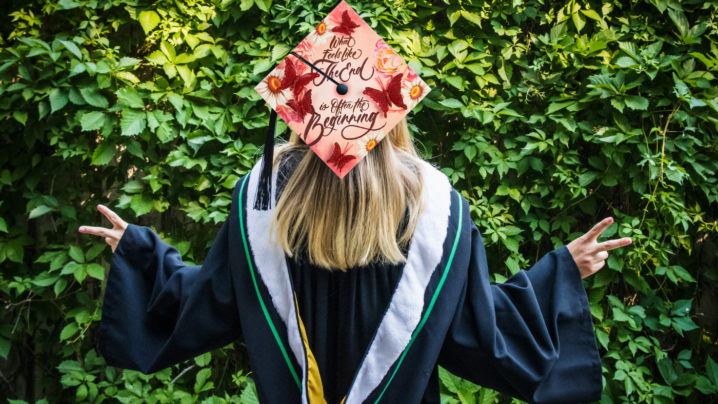 Butterfly Graduation Cap Topper, What Feels Like The end is Often The Beginning, Graduation Cap Decorations