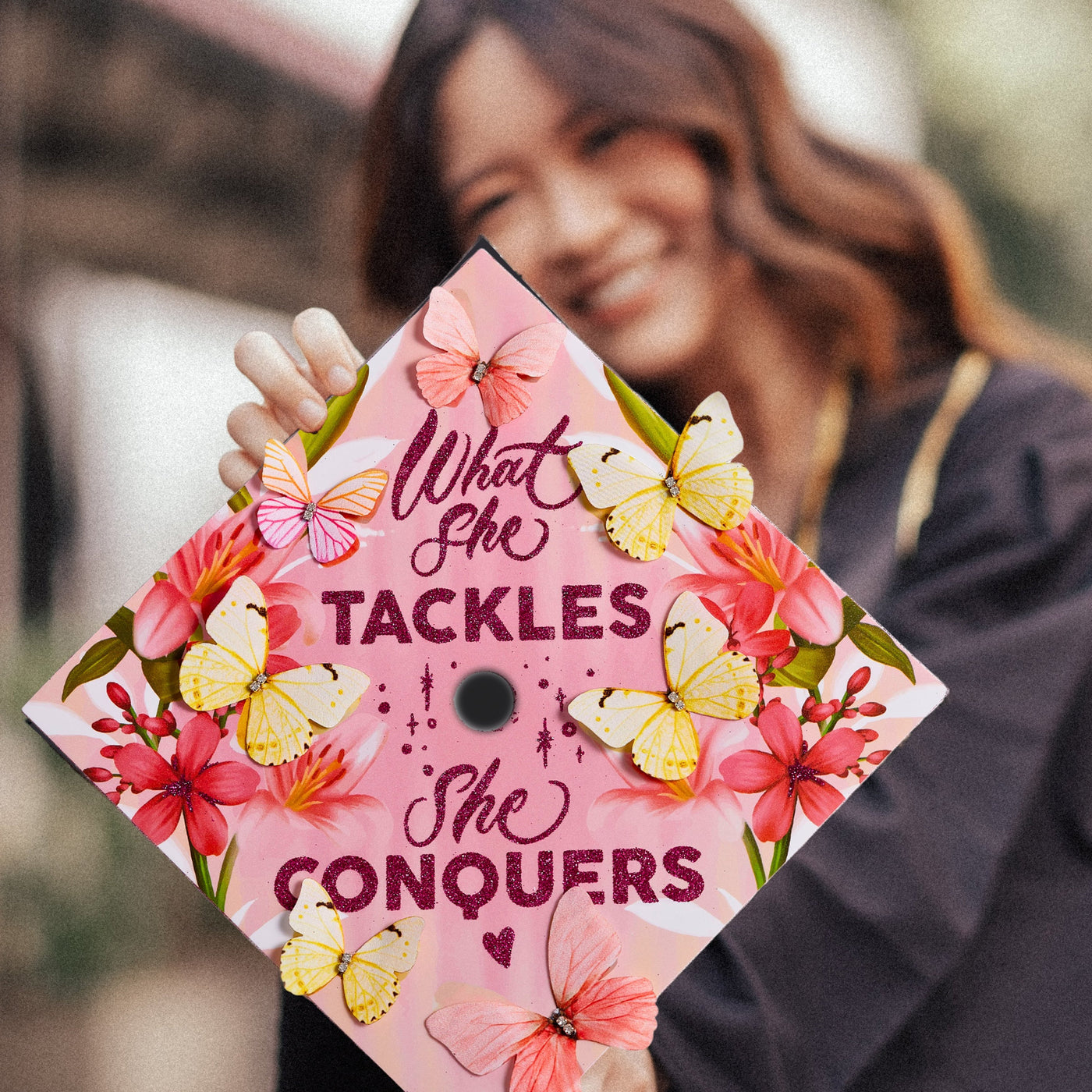 Butterfly Graduation Cap Topper, What She Tackles She Conquers, Graduation Cap Decorations