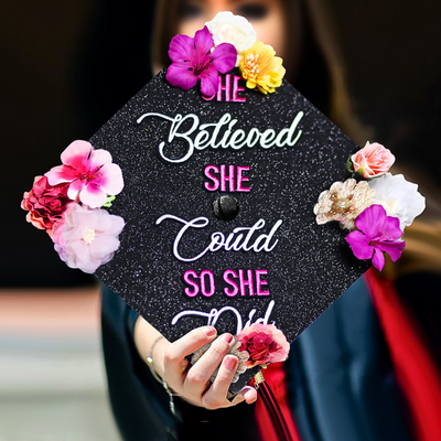 Handmade Graduation Cap Topper, She Believe She Could So She Did, Graduation Cap Decorations