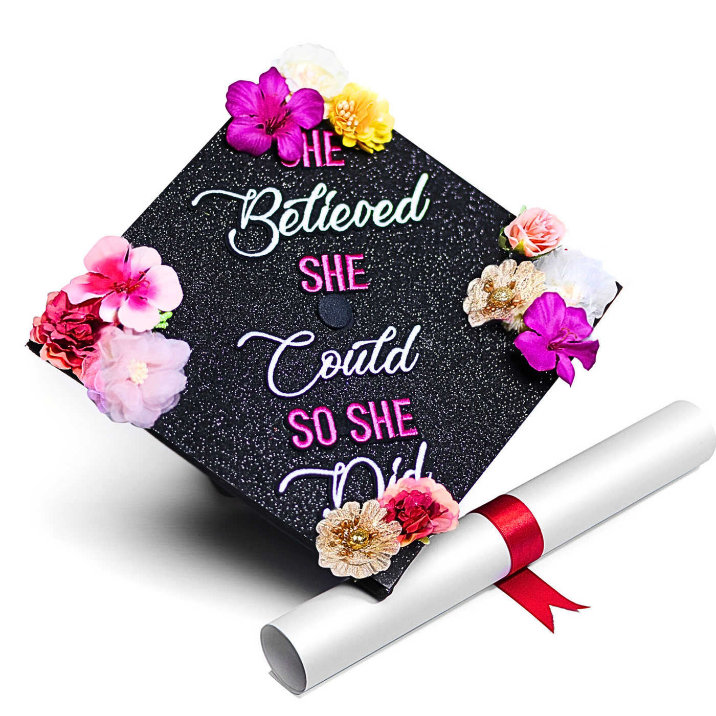 Handmade Graduation Cap Topper, She Believe She Could So She Did, Graduation Cap Decorations