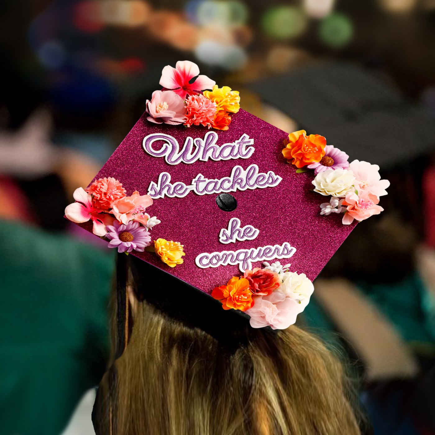 Handmade Graduation Cap Topper, What She Tackles She Conquers, Graduation Cap Decorations