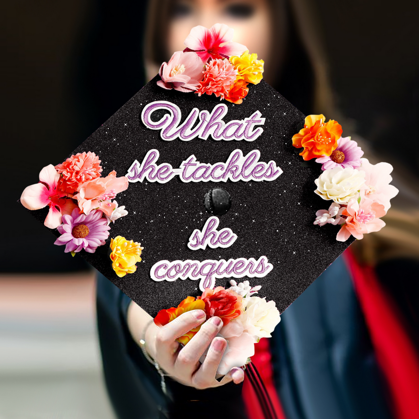 Handmade Graduation Cap Topper, What She Tackles She Conquers, Graduation Cap Decorations