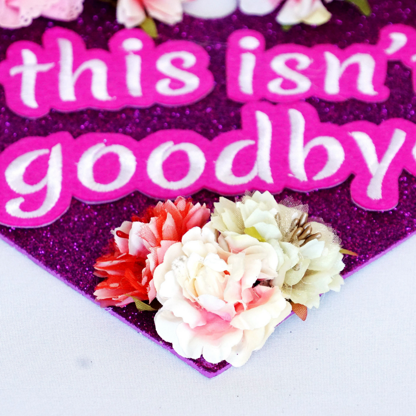 Purple Glitter Graduation Cap Topper, Wherever We Fly This isn't Goodbye, Graduation Cap Decorations