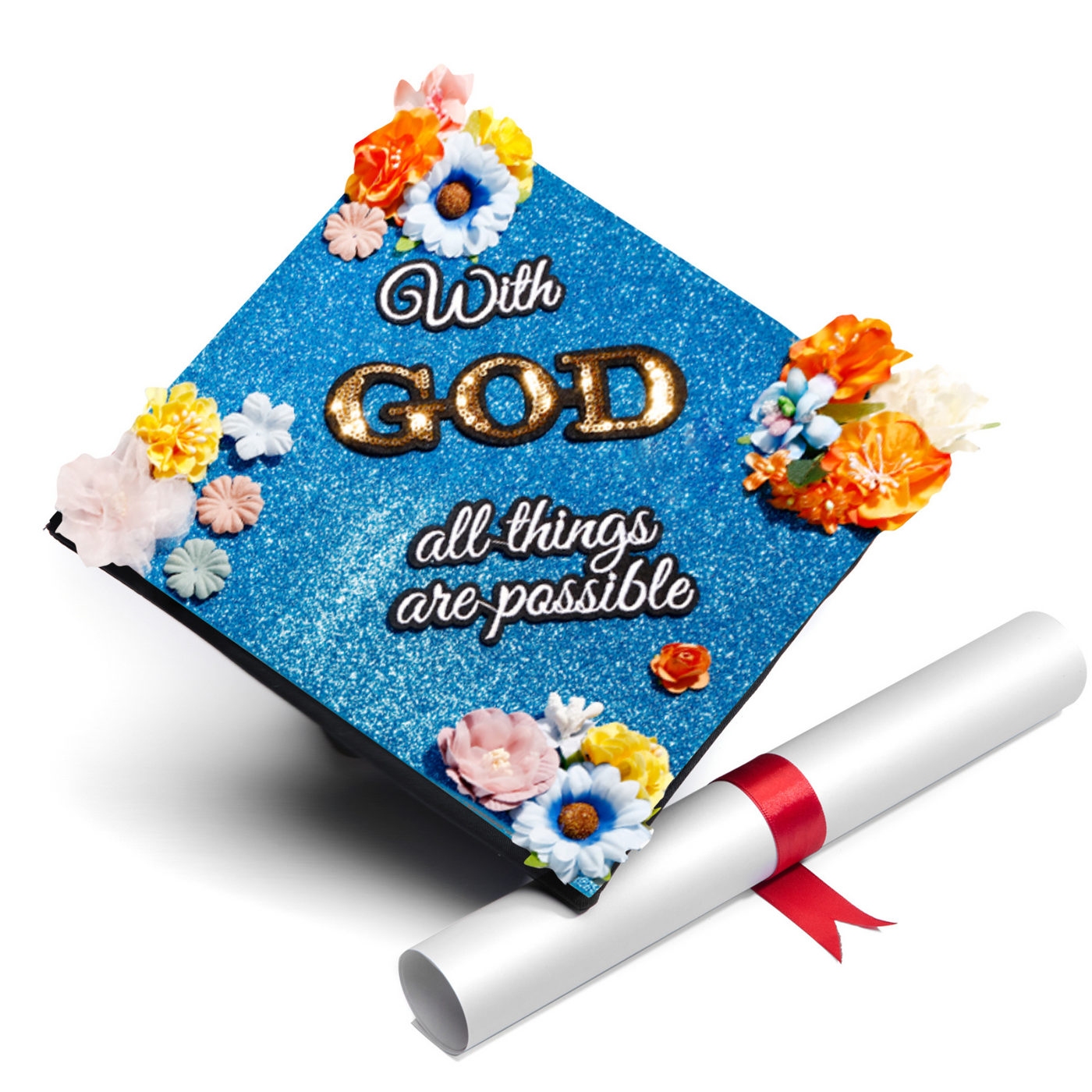 Black Glitter Graduation Cap Topper, With God All Things are Possible, Graduation Cap Decorations