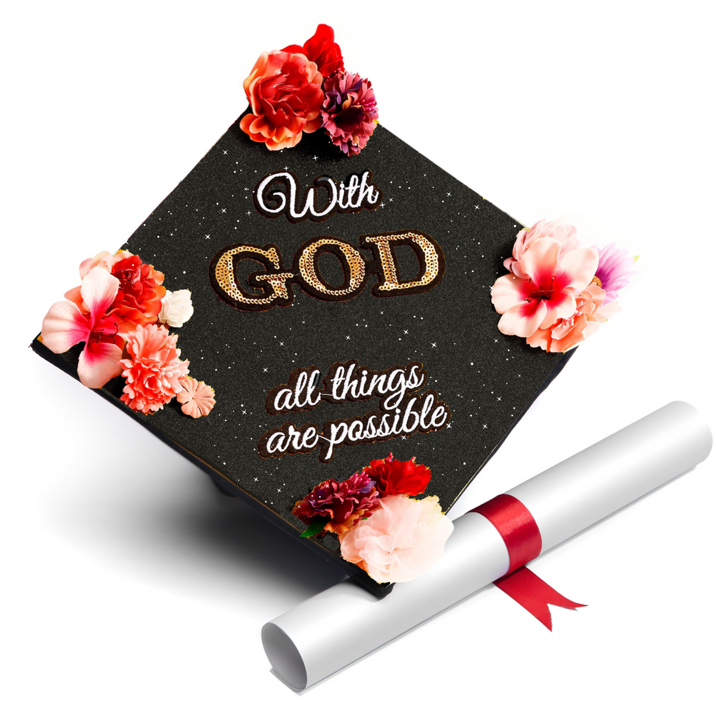 Black Glitter Graduation Cap Topper, With God All Things are Possible, Graduation Cap Decorations