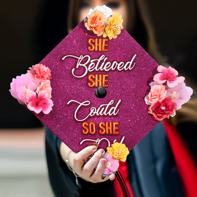 Handmade Graduation Cap Topper, She Believe She Could So She Did, Graduation Cap Decorations