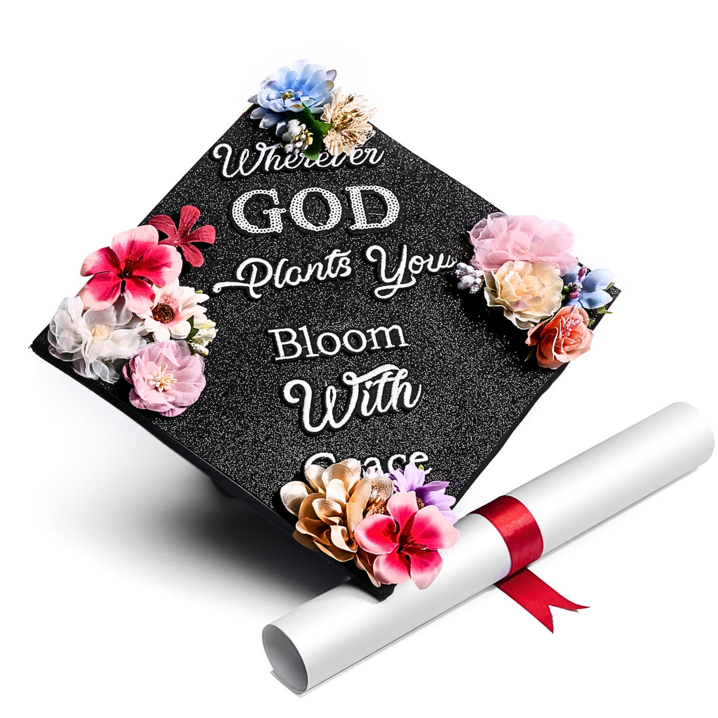 Glitter Graduation Cap Topper, Wherever God Plants You Bloom With Grace, Graduation Cap Decorations