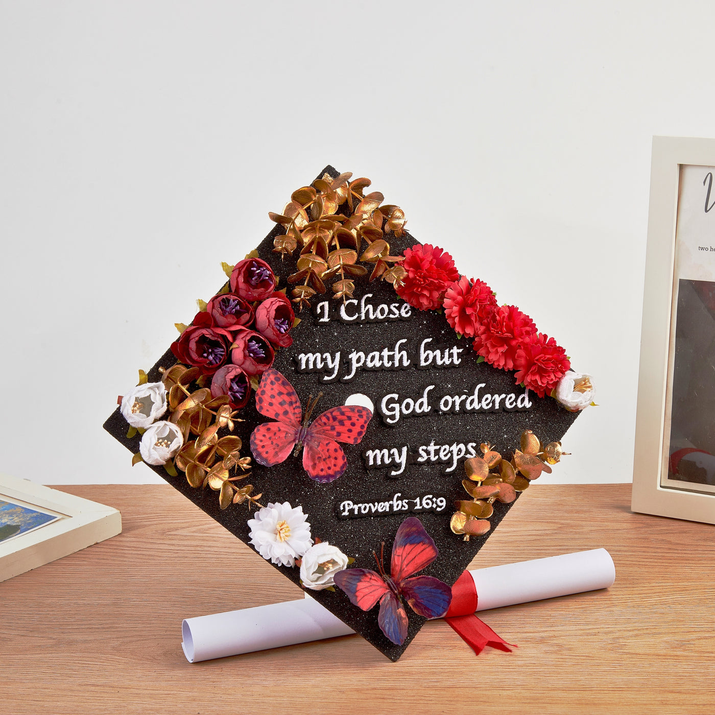 Butterfly Graduation Cap Topper, I Chose My Path But God Ordered My Steps, Graduation Cap Decorations