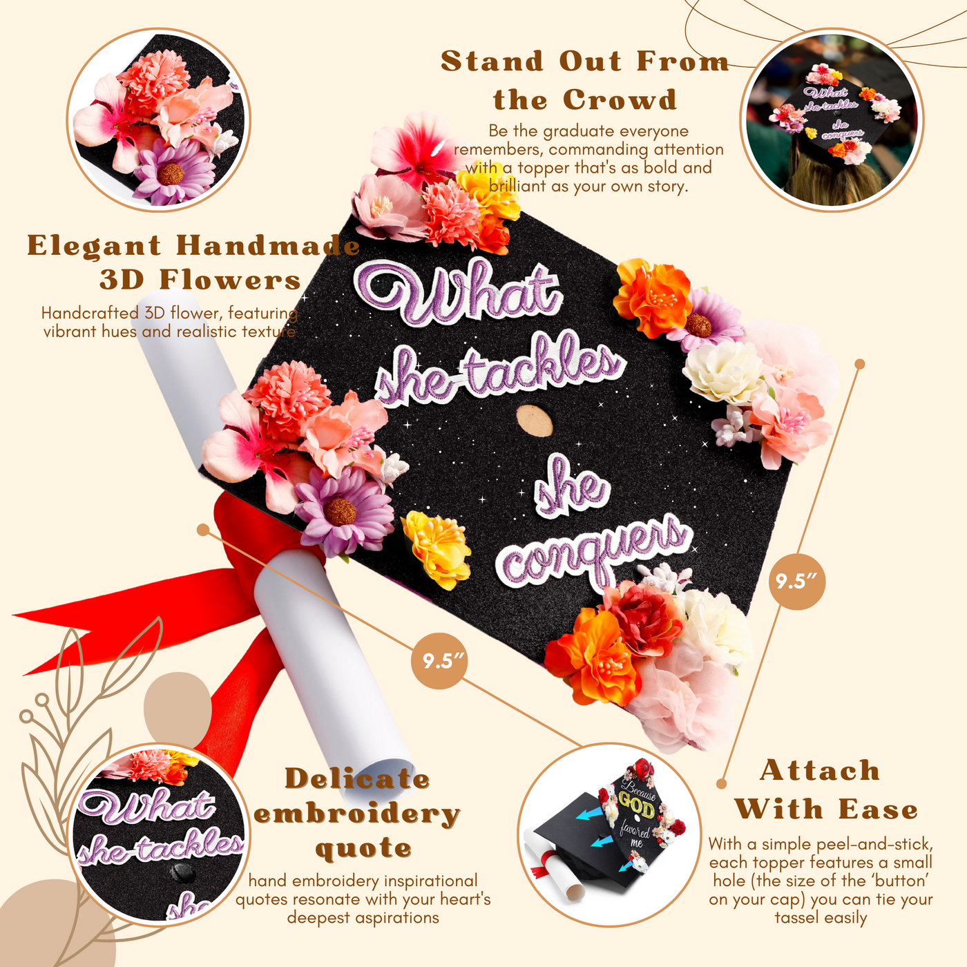 Handmade Graduation Cap Topper, What She Tackles She Conquers, Graduation Cap Decorations