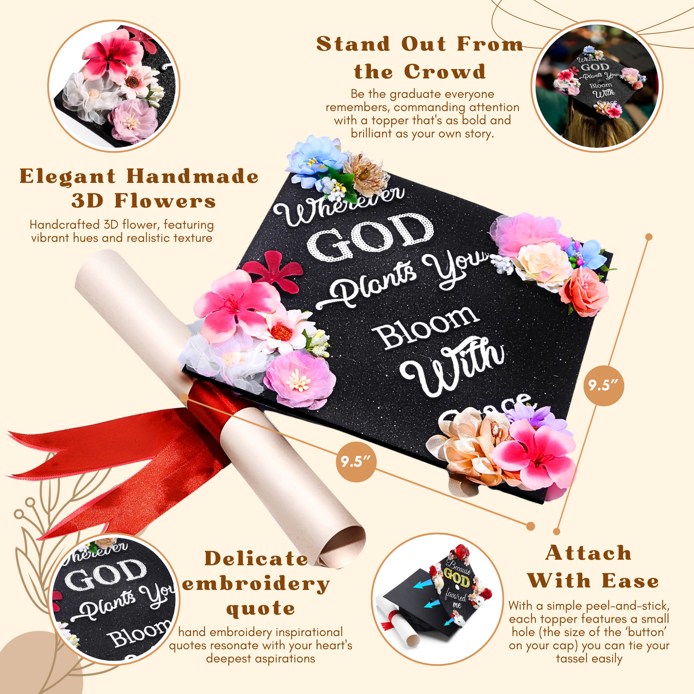 Glitter Graduation Cap Topper, Wherever God Plants You Bloom With Grace, Graduation Cap Decorations