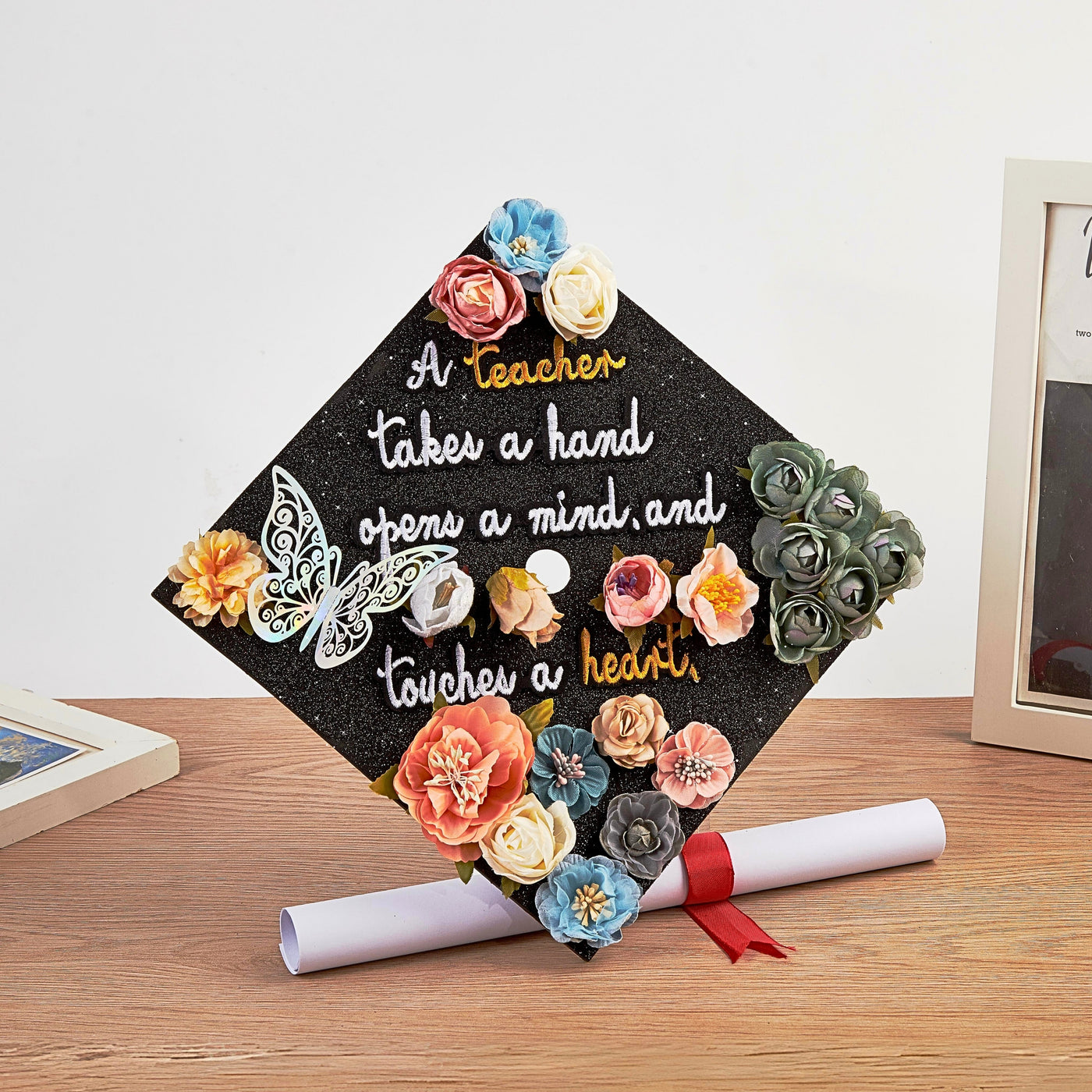 Butterfly Graduation Cap Topper, A Teacher takes a hand opens a mind touches a heart, Graduation Cap Decorations