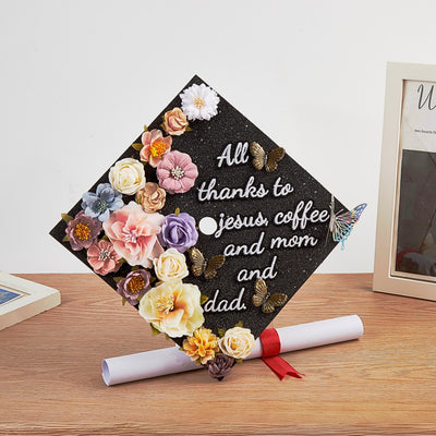 Butterfly Graduation Cap Topper, All Thanks To Jesus Coffee and Mom and Dad, Grad Cap Decoration