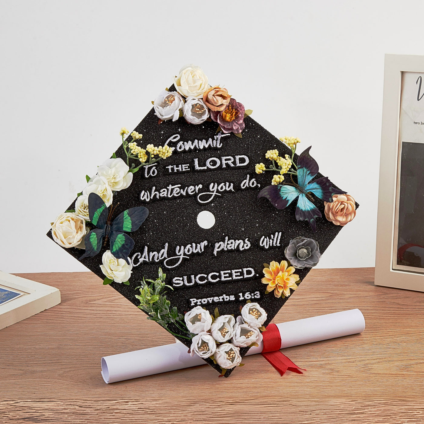 Butterfly Graduation Cap Topper, Commit to the Lord whatever you do, Graduation Cap Decorations