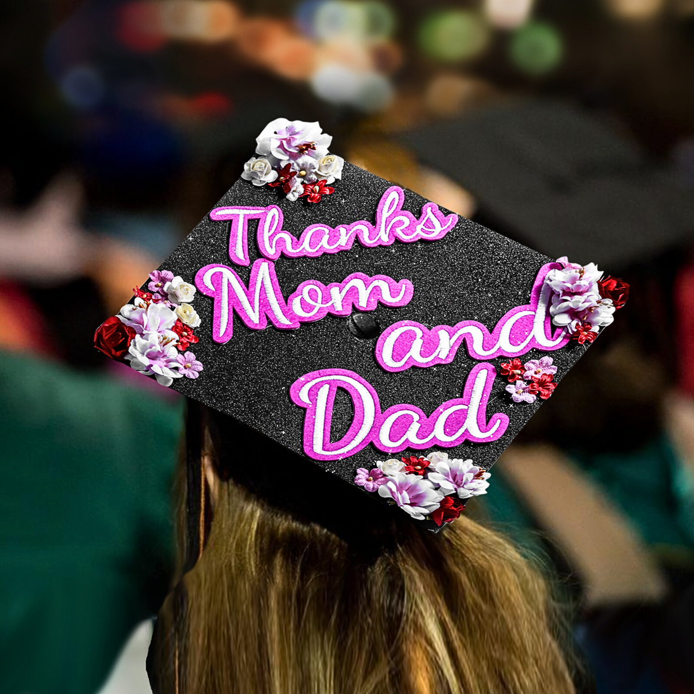 Handmade Graduation Cap Topper, Thanks Mom and Dad, Graduation Cap Decorations