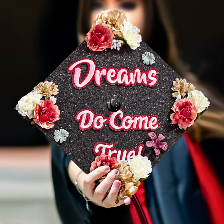 77 Custom personalized Graduation Cap topper, Dreams into Plans Graduation cap, hot Flower Graduation topper,Personalized Graduation Cap