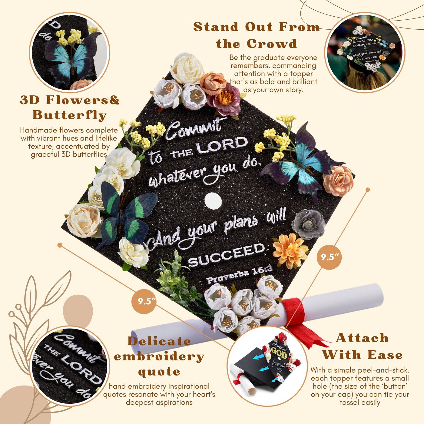 Butterfly Graduation Cap Topper, Commit to the Lord whatever you do, Graduation Cap Decorations