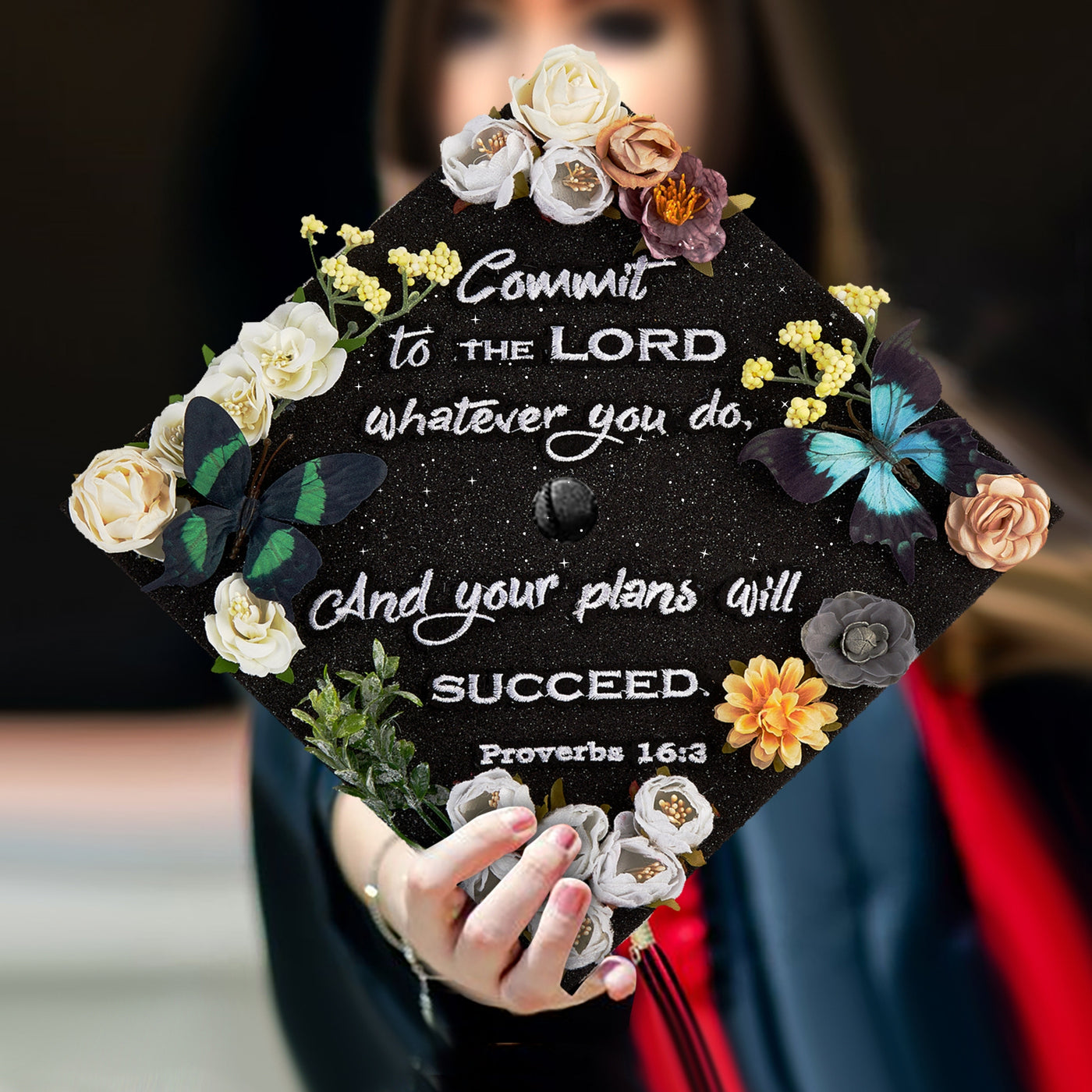 Butterfly Graduation Cap Topper, Commit to the Lord whatever you do, Graduation Cap Decorations