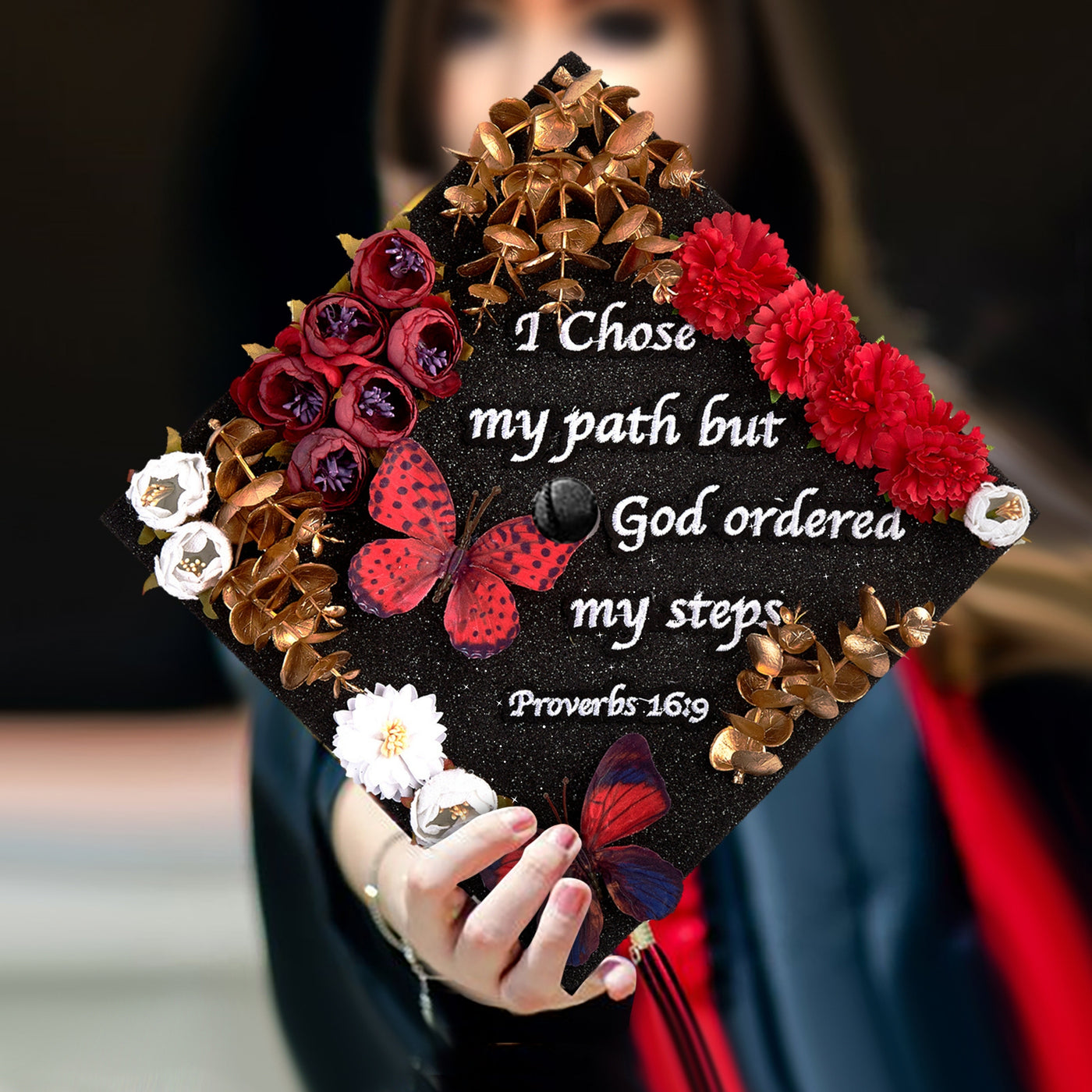 Butterfly Graduation Cap Topper, I Chose My Path But God Ordered My Steps, Graduation Cap Decorations