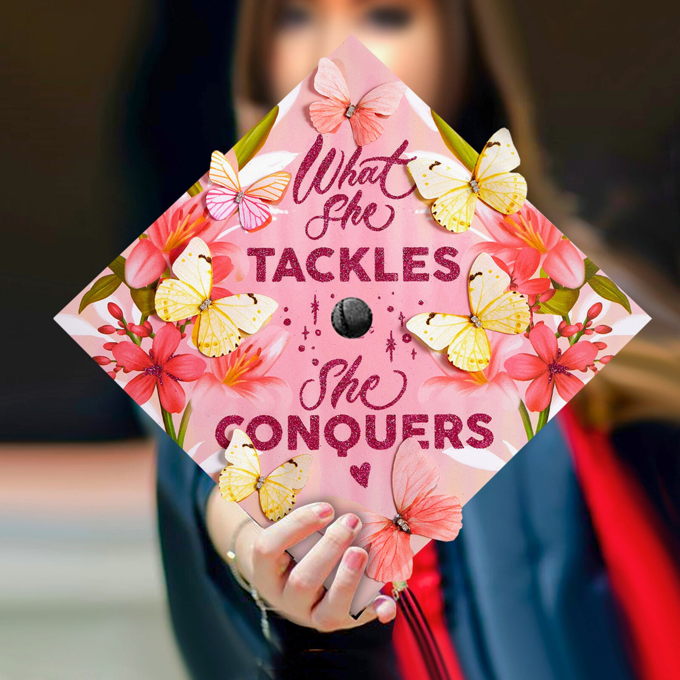 Butterfly Graduation Cap Topper, What She Tackles She Conquers, Graduation Cap Decorations