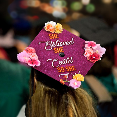 Handmade Graduation Cap Topper, She Believe She Could So She Did, Graduation Cap Decorations