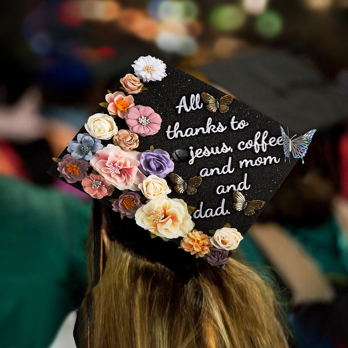 Butterfly Graduation Cap Topper, All Thanks To Jesus Coffee and Mom and Dad, Grad Cap Decoration