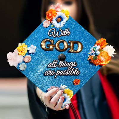 Black Glitter Graduation Cap Topper, With God All Things are Possible, Graduation Cap Decorations