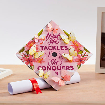 Butterfly Graduation Cap Topper, What She Tackles She Conquers, Graduation Cap Decorations