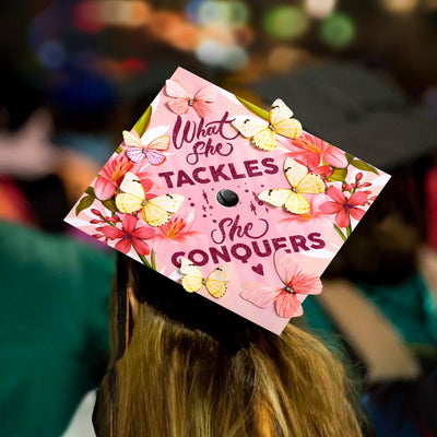 Butterfly Graduation Cap Topper, What She Tackles She Conquers, Graduation Cap Decorations