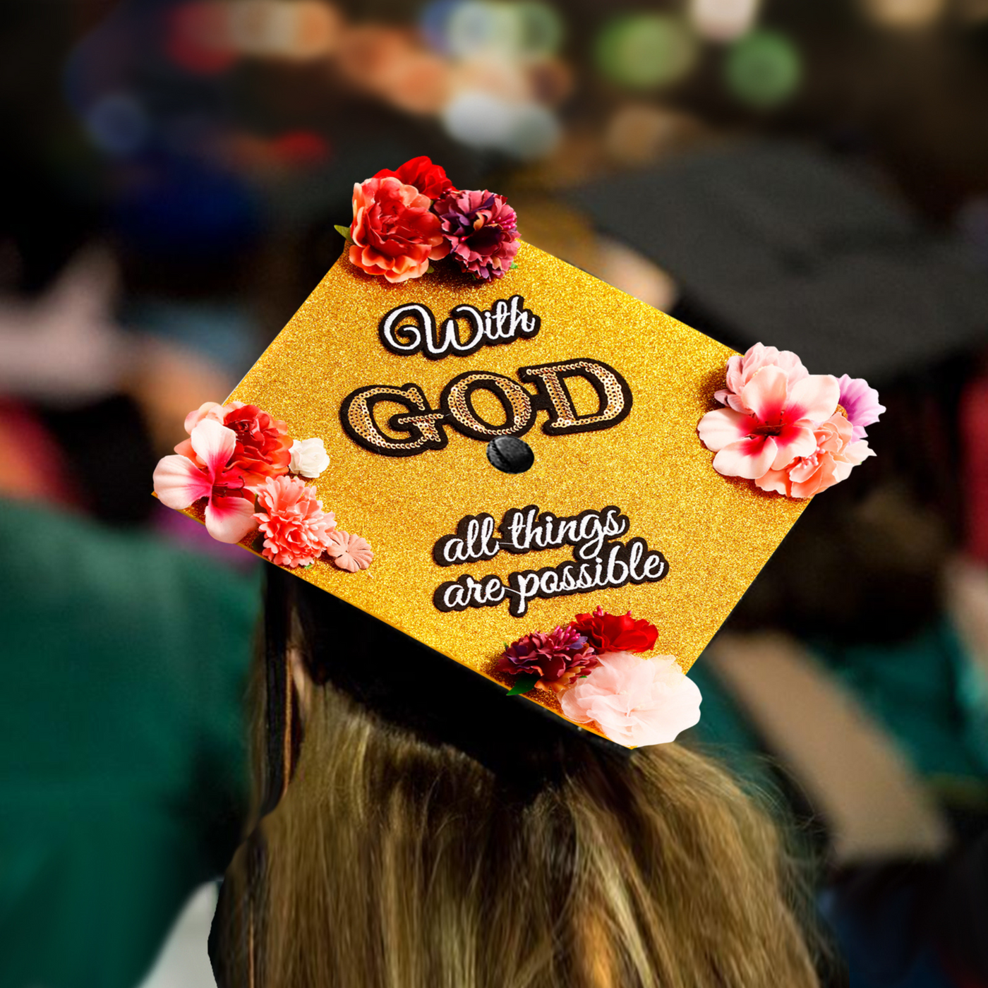 Black Glitter Graduation Cap Topper, With God All Things are Possible, Graduation Cap Decorations