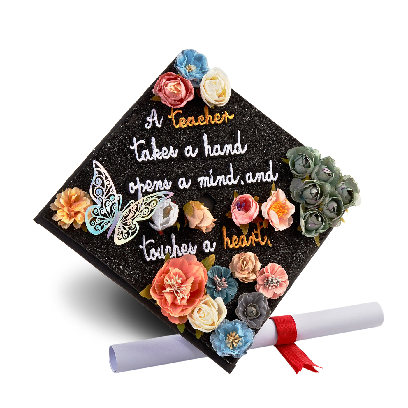 Butterfly Graduation Cap Topper, A Teacher takes a hand opens a mind touches a heart, Graduation Cap Decorations