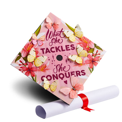 Butterfly Graduation Cap Topper, What She Tackles She Conquers, Graduation Cap Decorations