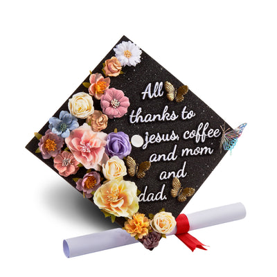 Butterfly Graduation Cap Topper, All Thanks To Jesus Coffee and Mom and Dad, Grad Cap Decoration