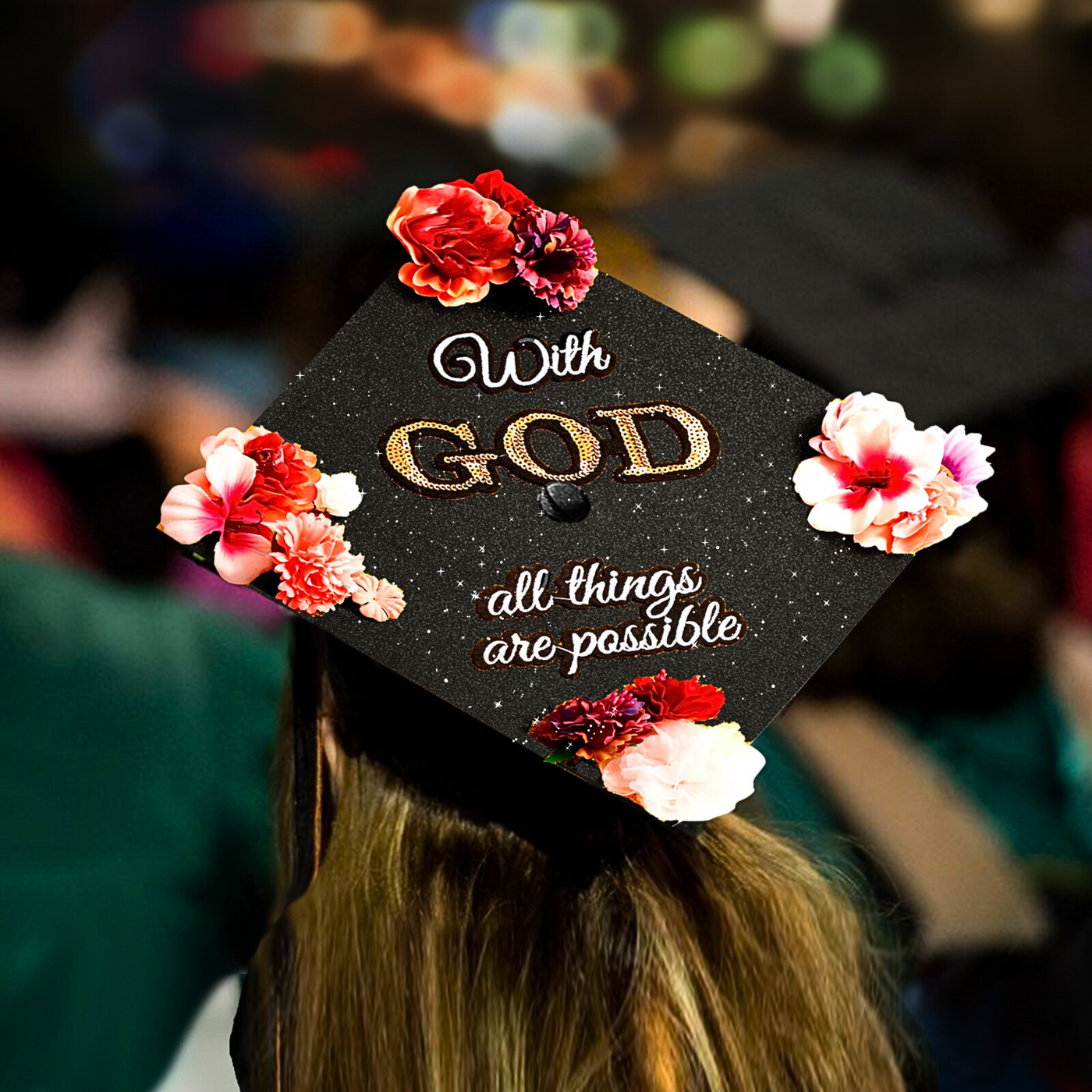 Black Glitter Graduation Cap Topper, With God All Things are Possible, Graduation Cap Decorations