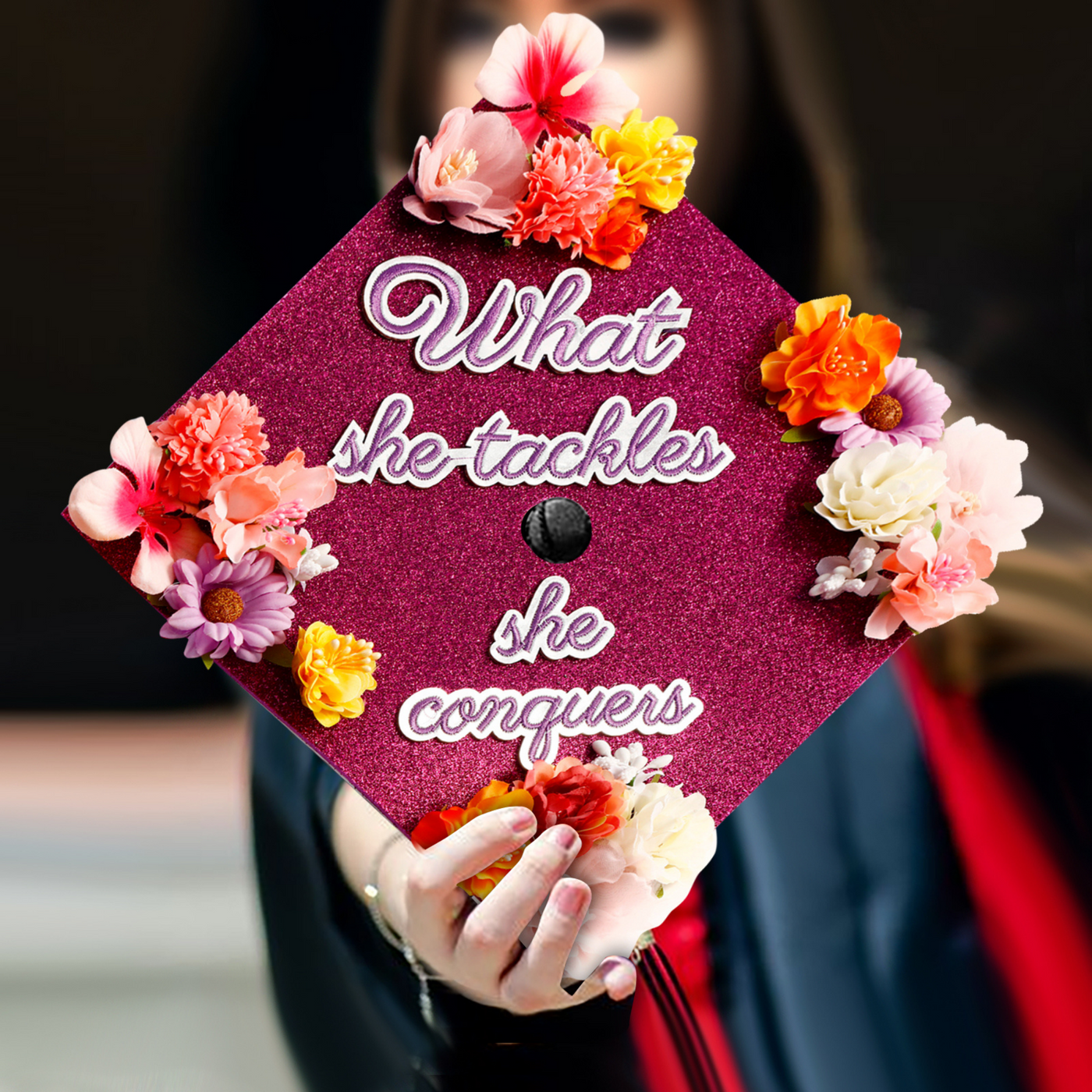 Handmade Graduation Cap Topper, What She Tackles She Conquers, Graduation Cap Decorations