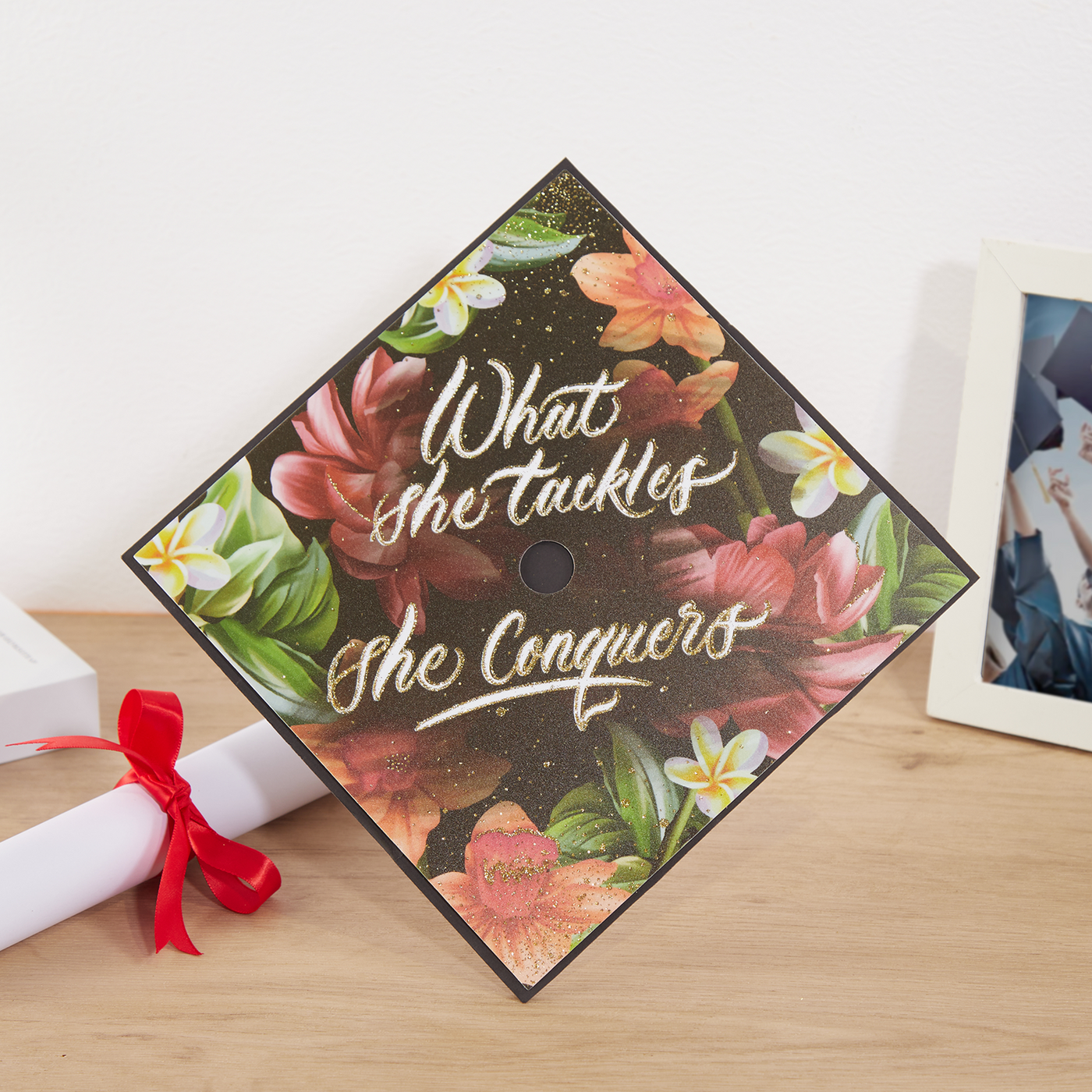 Graduation cap topper, What she tackles she conquers, Graduation Cap Decoration