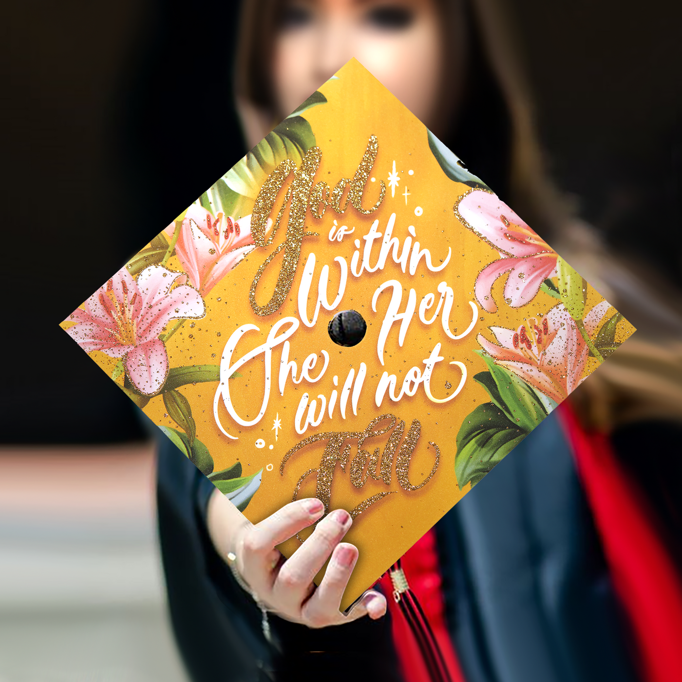 Graduation cap topper, God is within her she will not fall, Graduation Cap Decoration