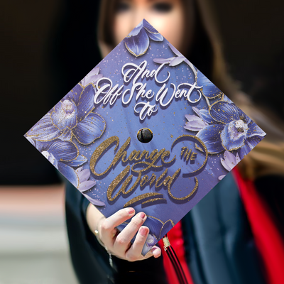 Graduation cap topper, And off she went to change the world, Graduation Cap Decoration