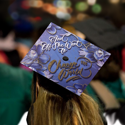 Graduation cap topper, And off she went to change the world, Graduation Cap Decoration