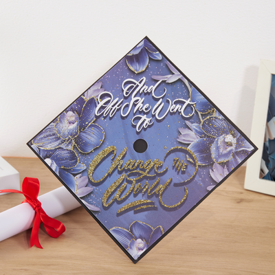 Graduation cap topper, And off she went to change the world, Graduation Cap Decoration