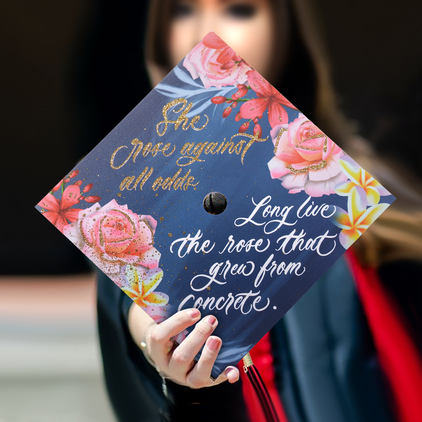 Graduation cap topper, She goes against all odds long live the rose that grew from concrete, Graduation Cap Decoration