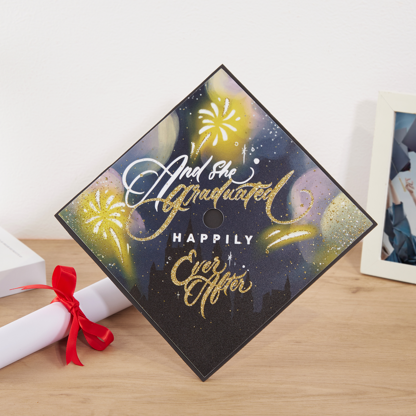 Graduation cap topper, And she graduated happily ever after, Graduation Cap Decoration