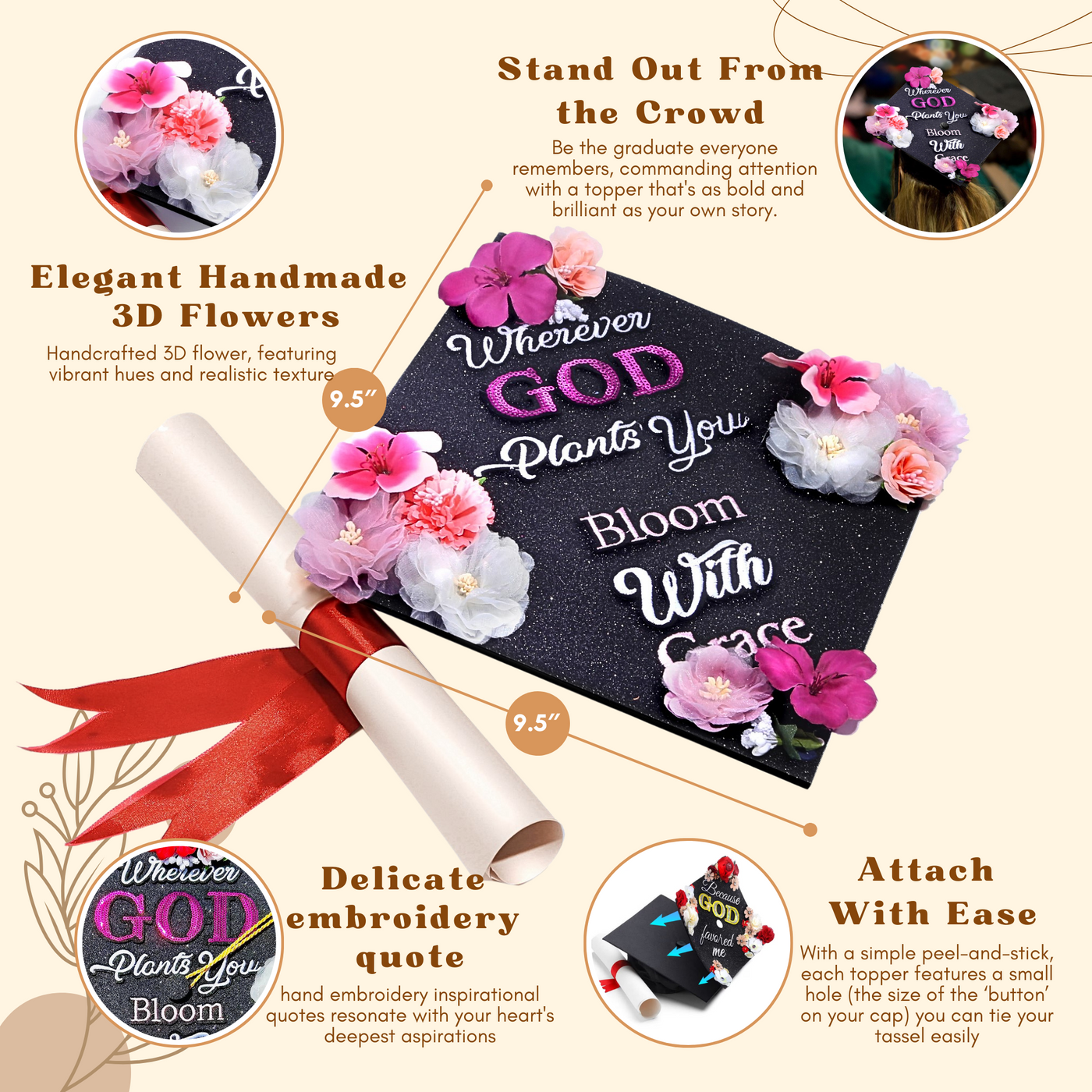 Glitter Graduation Cap Topper, Wherever God Plants You Bloom With Grace, Graduation Cap Decorations