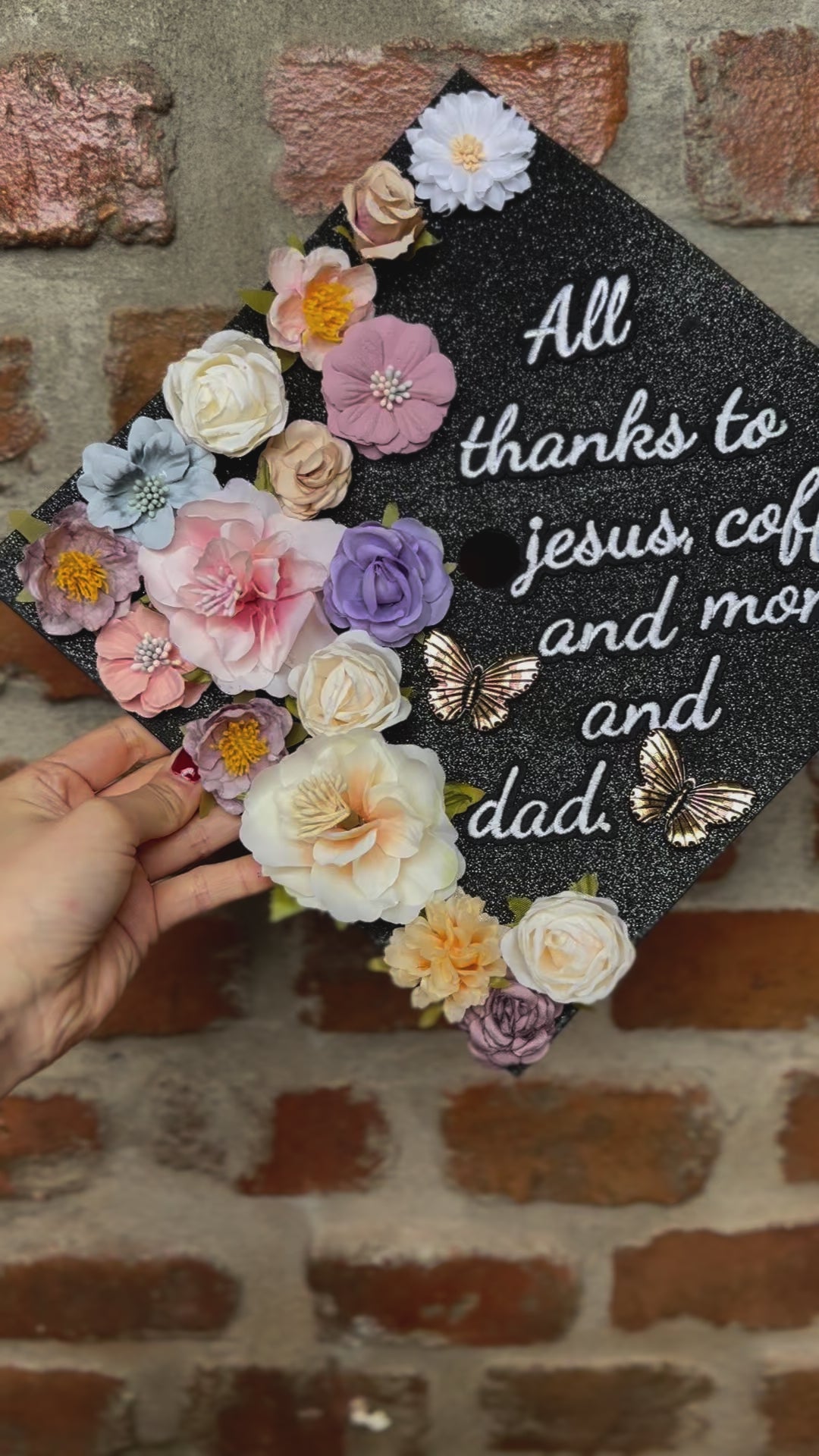 Butterfly Graduation Cap Topper, All Thanks To Jesus Coffee and Mom and Dad, Grad Cap Decoration